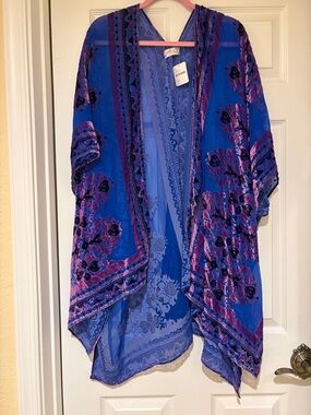 Free People Blue & Purple Floral Velvet Burnout Kimono